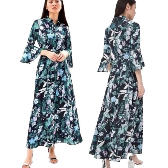 Banana Republic Women's Botanical Print Navy Button-Down Maxi Dress | Size 0 - Picture 1 of 14
